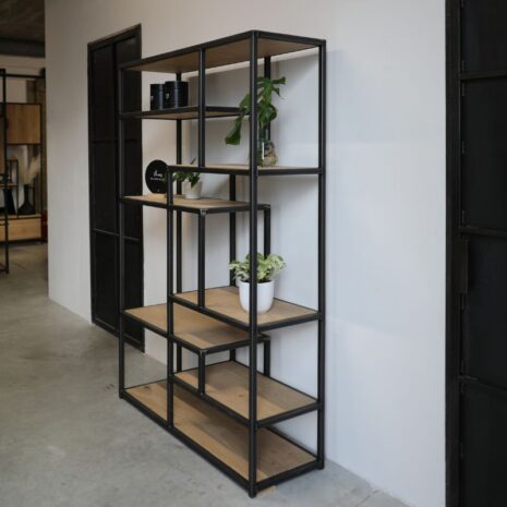 industriele vakkenkast eikenhout en staal 2 - 140x200cm - transparant gespoten staal