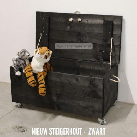 steigerhouten speelgoedkist zwart tekst