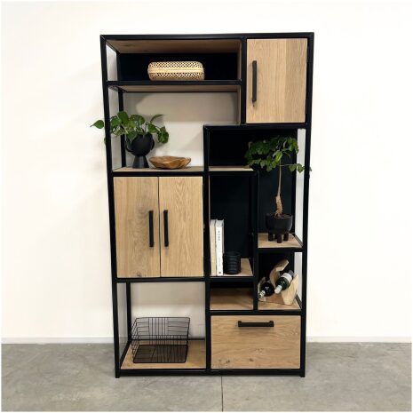 Zev vakkenkast staal en eiken