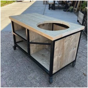 Steigerhouten_buitenkeuken_Seff_Kamado_Rechts_zwart_frame_op_wielen_dik_steigerhouten_blad