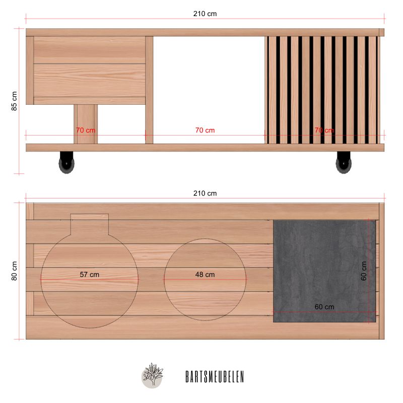 schetsen buitenkeuken met kamado joe 2 + weber 47