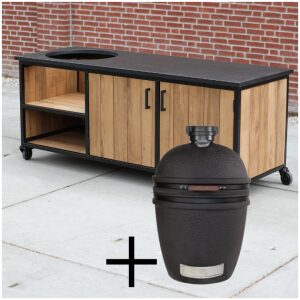 Buitenkeuken Fraké hout en zwart graniet blad + The bastard Urban Large Solo Kamado