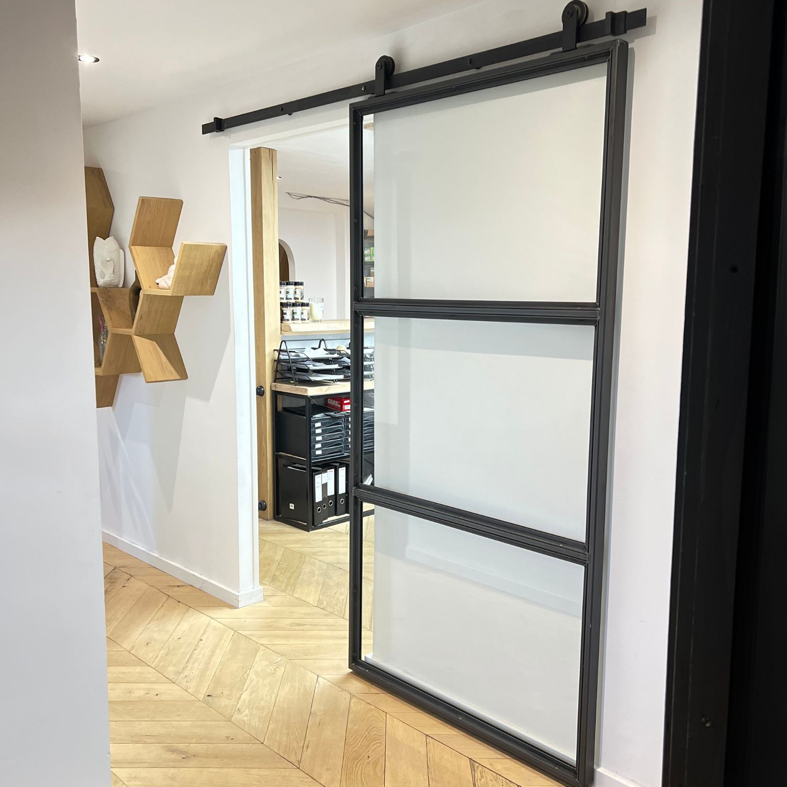 loftdeur glas en staal drie panelen