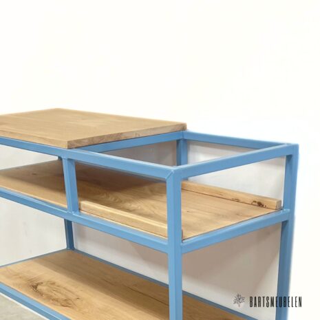 platenspeler meubel retro pastel blauw en eiken