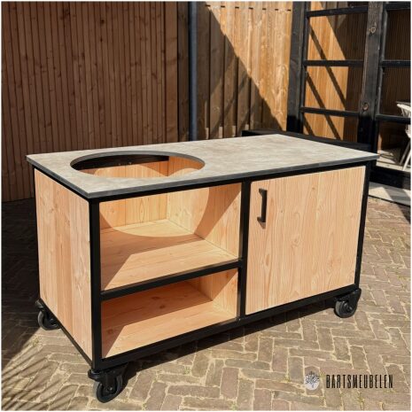 Moderne buitenkeuken met HPL blad beige met opbergkast en wielen