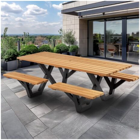 Picknicktafel hardhout metalen frame open instap achtergrond