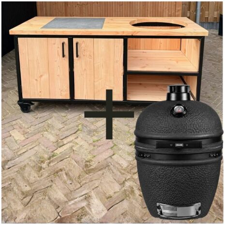 Combi Deal buitenkeuken douglas en staal met opbergkast en tegel 180 cm grill guru mat zwart kamado