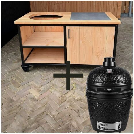 combi deal buitenkeuken douglas en staal met opbergkast en tegel 150 cm met grill guru kamado prime satin black large